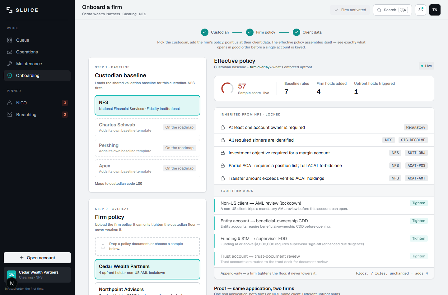 Sluice onboarding — inherited baseline vs firm overlay with a two-firm side-by-side proof