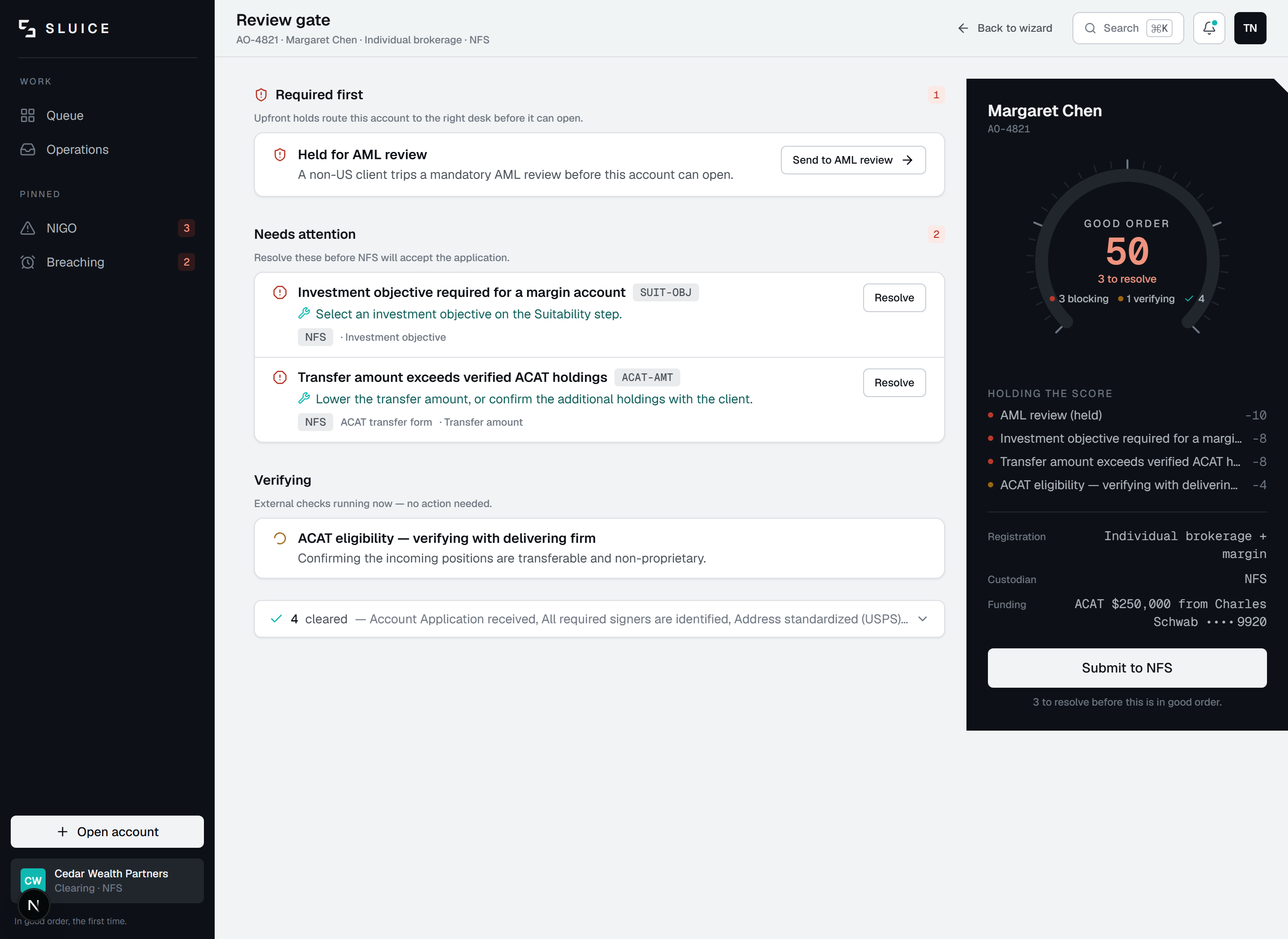 Sluice review gate — a dark verdict cockpit holding an account for AML review